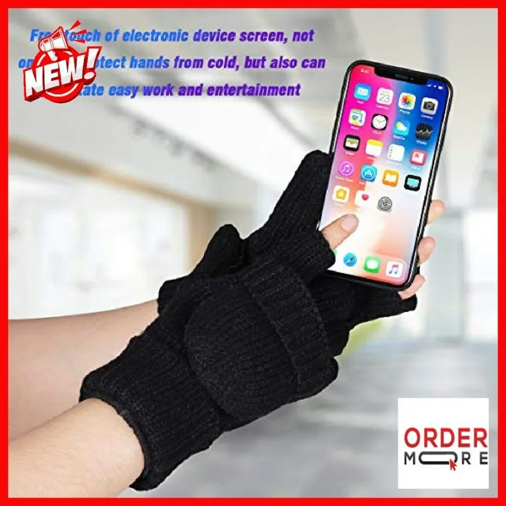 Fingerless Wool Convertible Mittens Thermal Insulation Texting Gloves Unisex